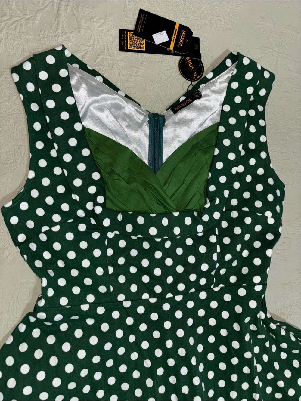 Green Polka Dot Vintage-Style Fit & Flare Dress Miusol NWT XL Stretch - Picture 3 of 6